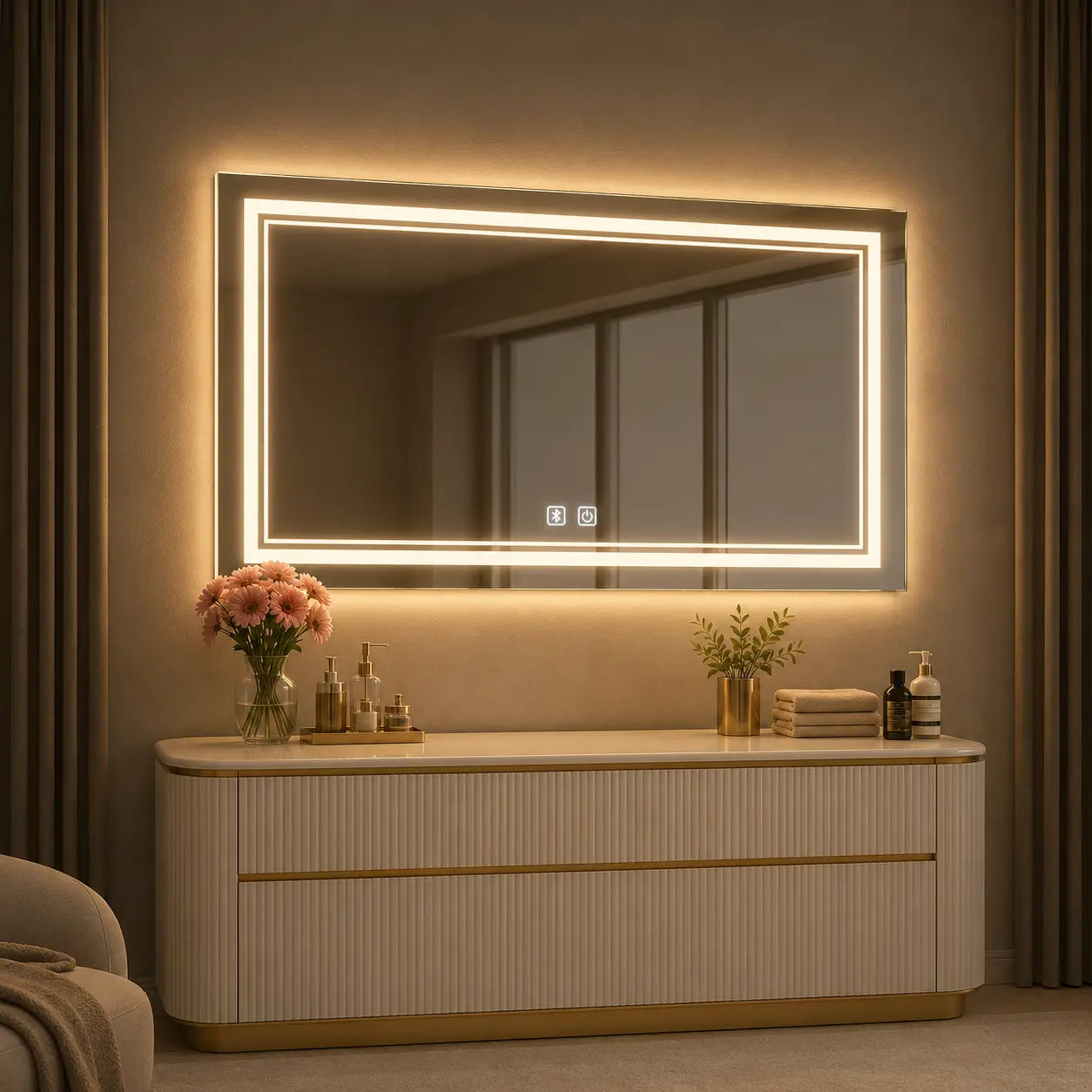 modern bedroom mirror design with LED lights for vanity setup