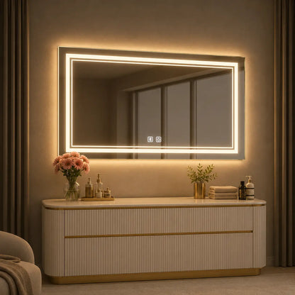 modern bedroom mirror design with LED lights for vanity setup