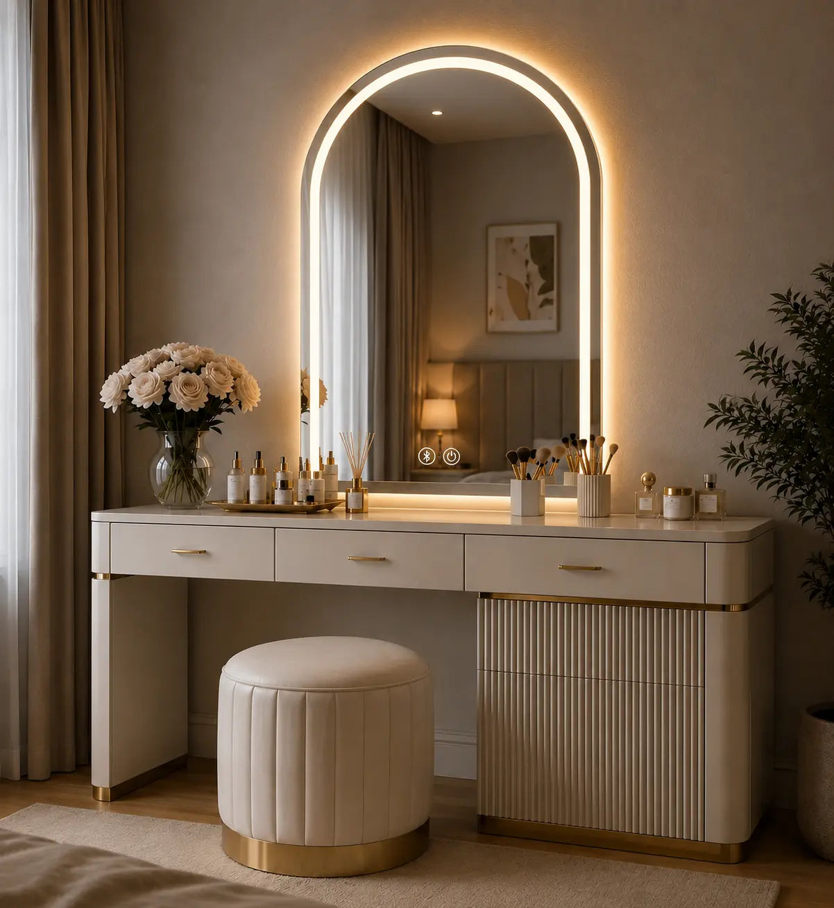 arched vanity mirror with LED lights modern bedroom vanity setup