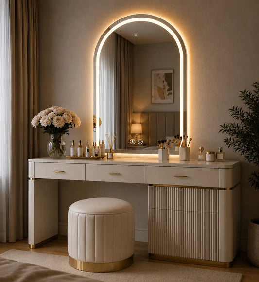 arched vanity mirror with LED lights modern bedroom vanity setup