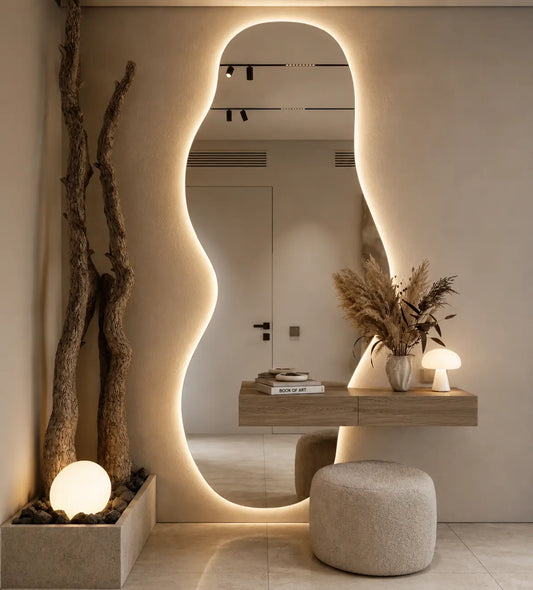 Modern interior design with a large mirror, decorative plants, and a wooden console table.
