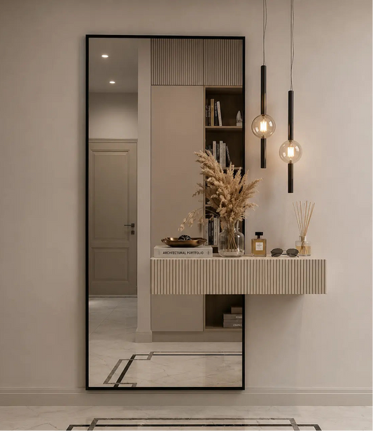Large floor mirror in a modern interior setting with decorative items on a console table.