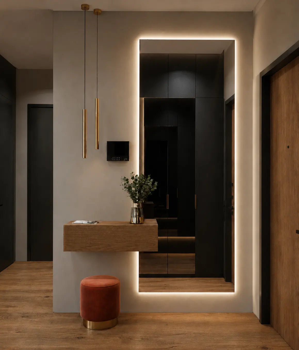 luxury mirror with console table and warm led lighting for hallway interior decor