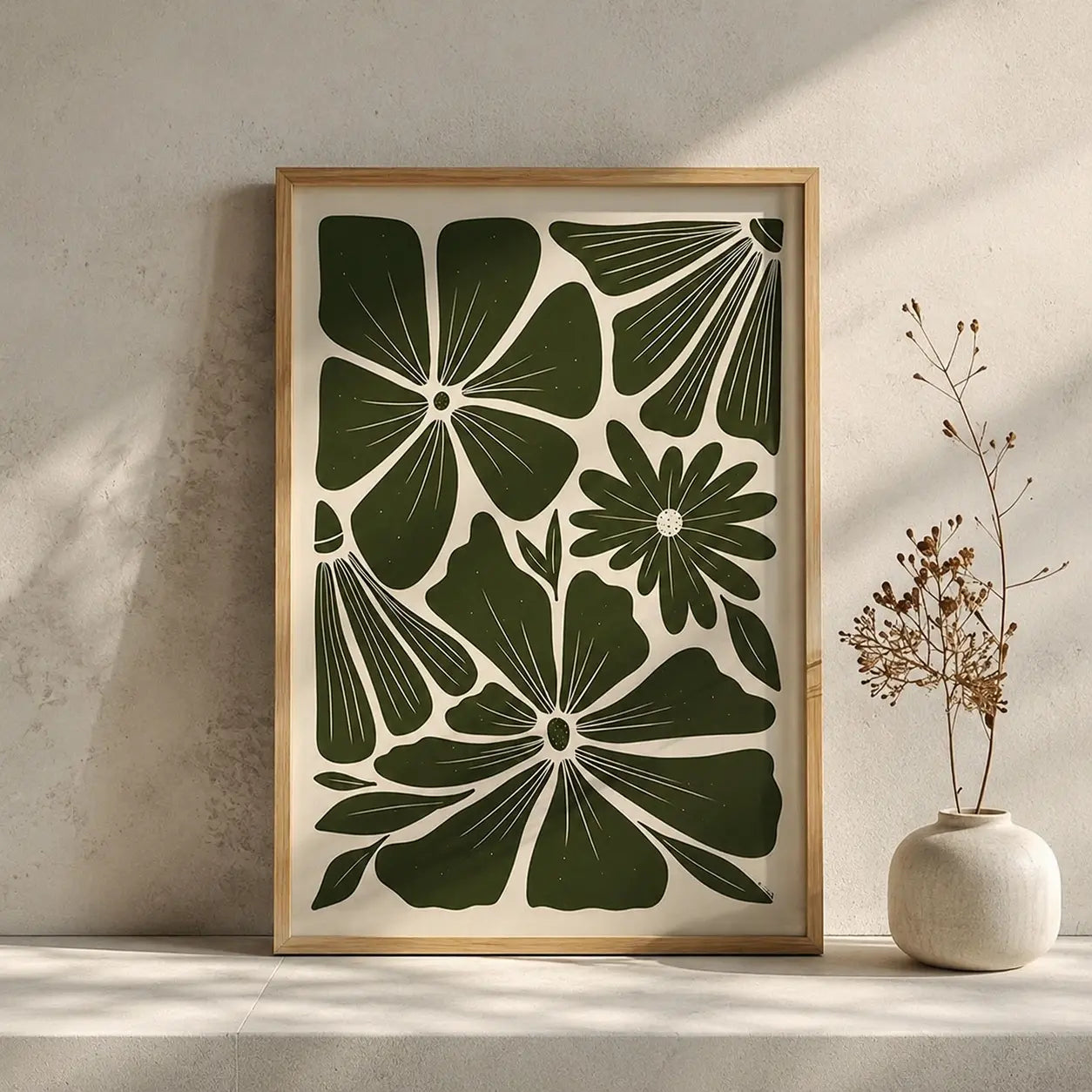 botanical canvas artwork with green floral pattern in wooden frame