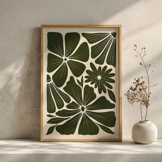 botanical canvas artwork with green floral pattern in wooden frame