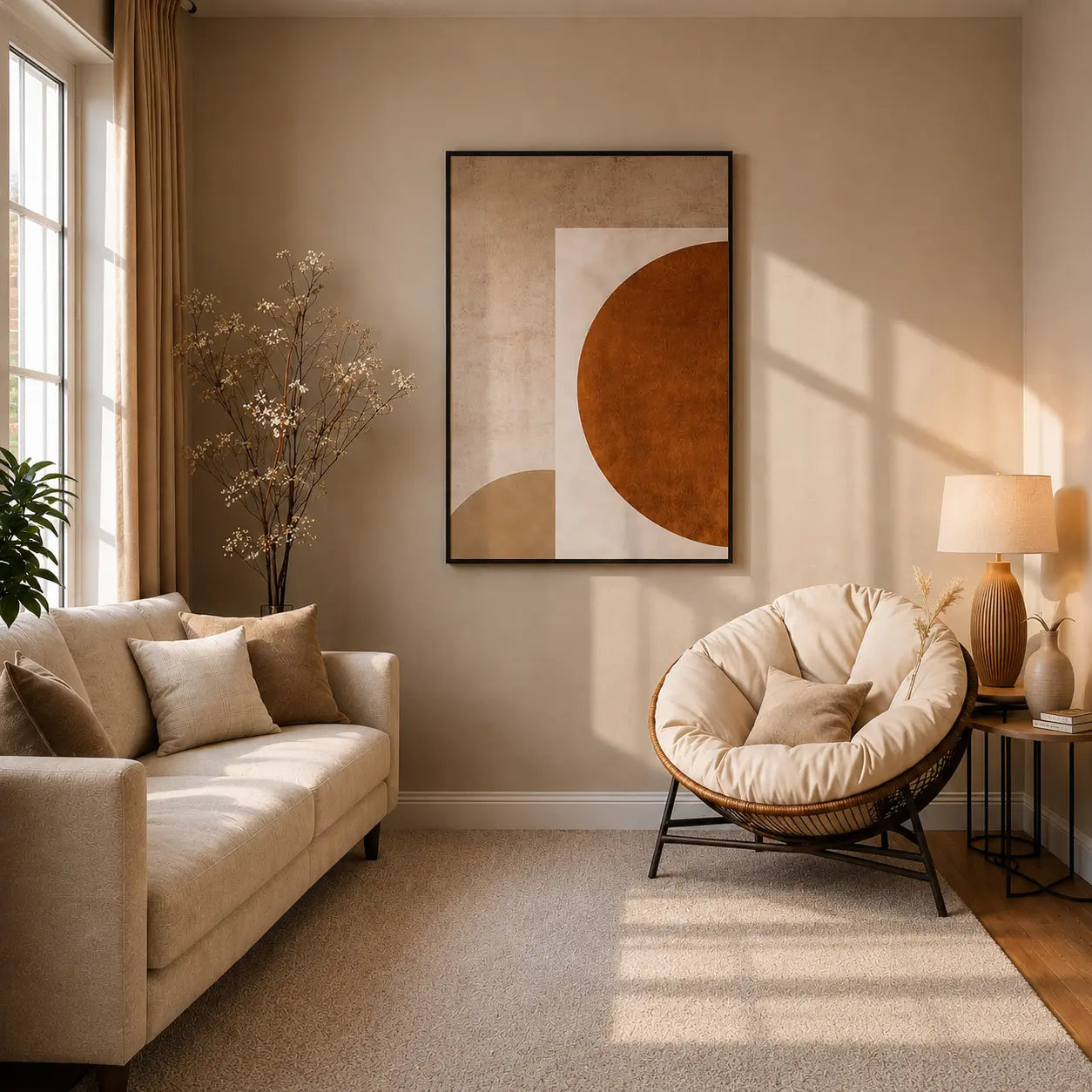 minimal abstract wall art frame with beige geometric print for modern lounge wall