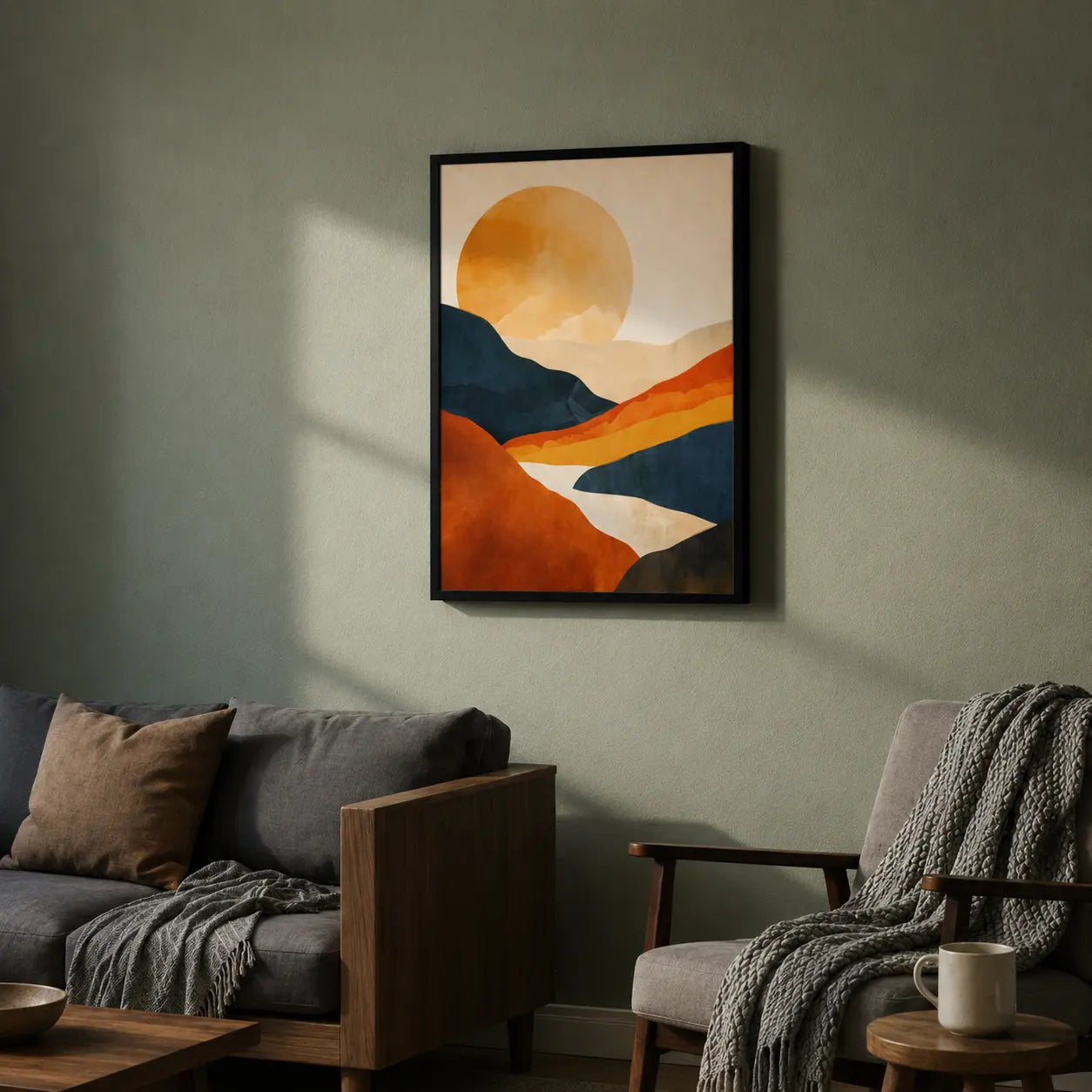 Boho wall art abstract sun mountain landscape design for modern home decor Pakistan