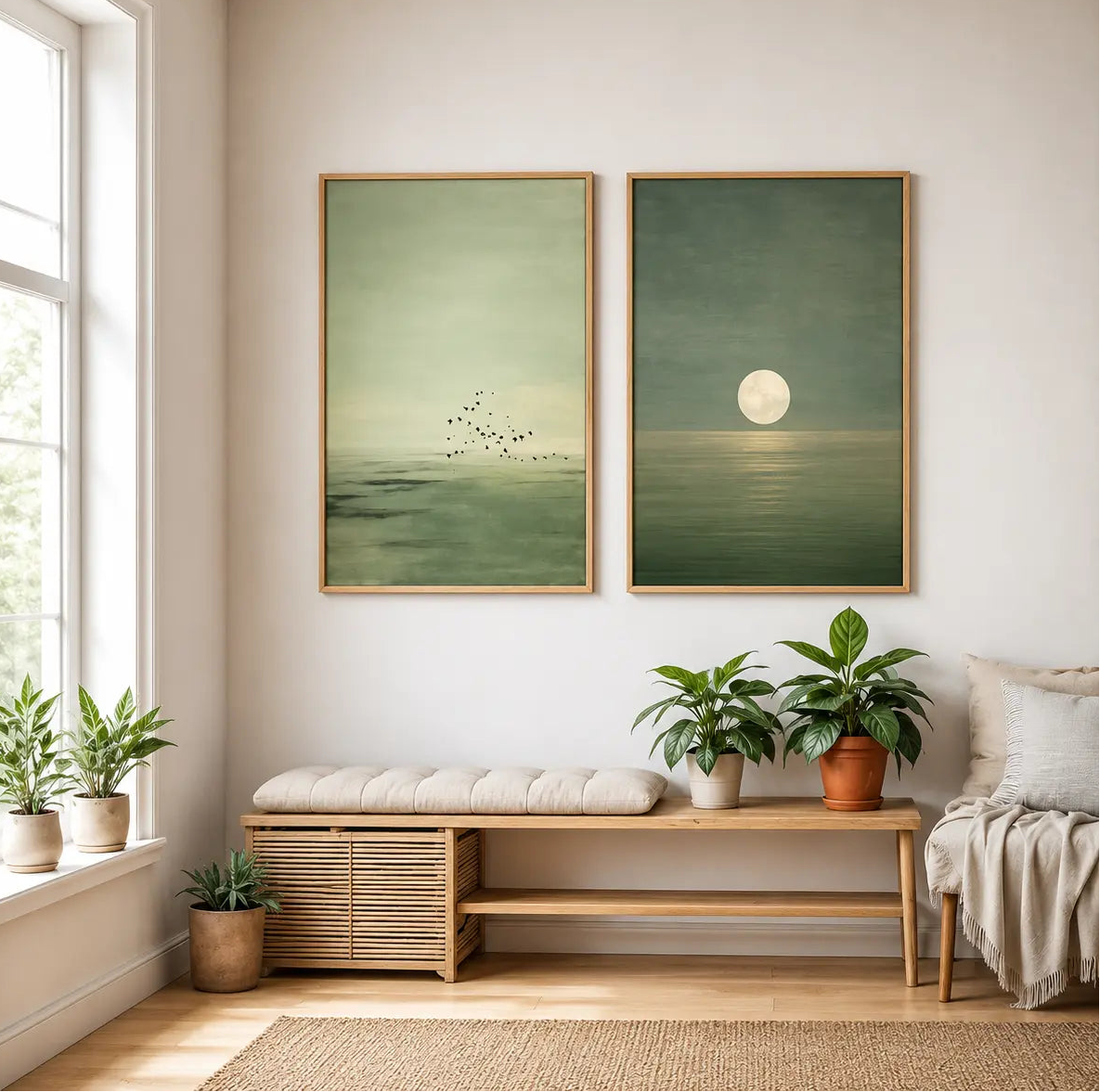 modern wall frames with soft abstract moon style prints above sofa wall