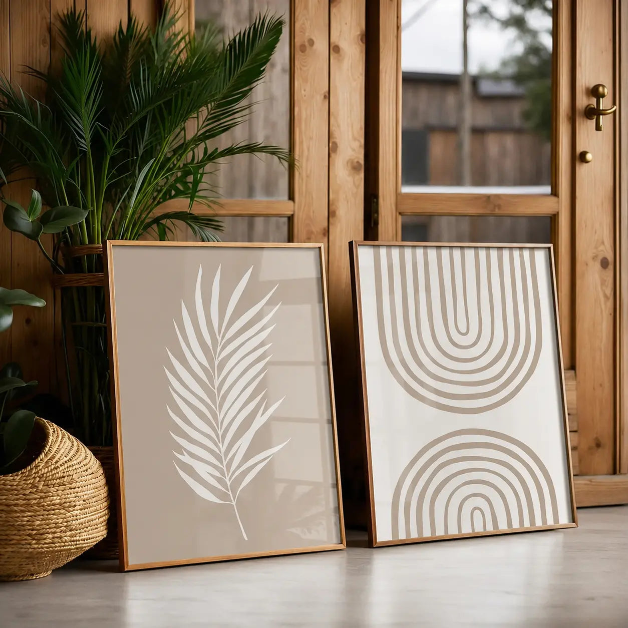 set of two neutral wooden frames with leaf and geometric line artwork