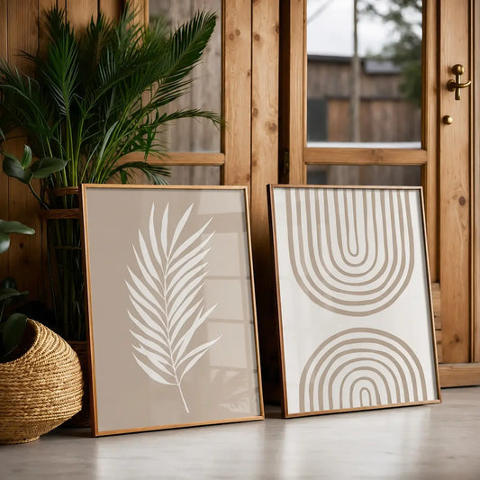 set of two neutral wooden frames with leaf and geometric line artwork