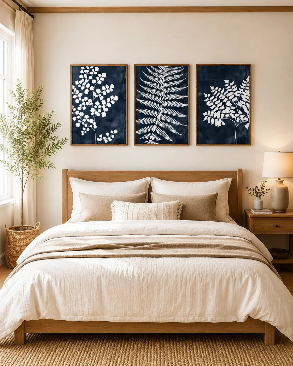 Floral wall art set of 3 with botanical framed panels above a bedroom