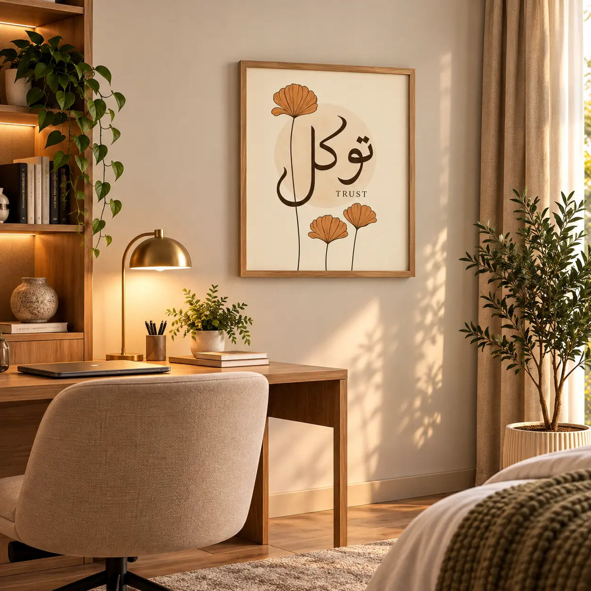 Tawakkul calligraphy Islamic wall art frame featuring Arabic script, English word Trust, and terracotta botanical flowers in a wooden frame by Decorsz Pakistan.