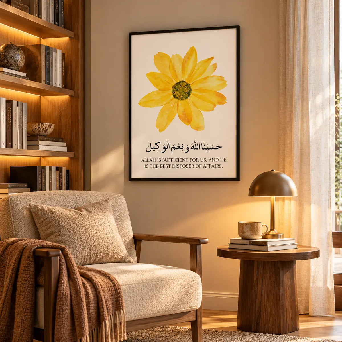 Floral Islamic wall art featuring Hasbunallahu Wa Ni'mal Wakeel in Arabic calligraphy with an English translation and a bright yellow flower design in a modern frame.