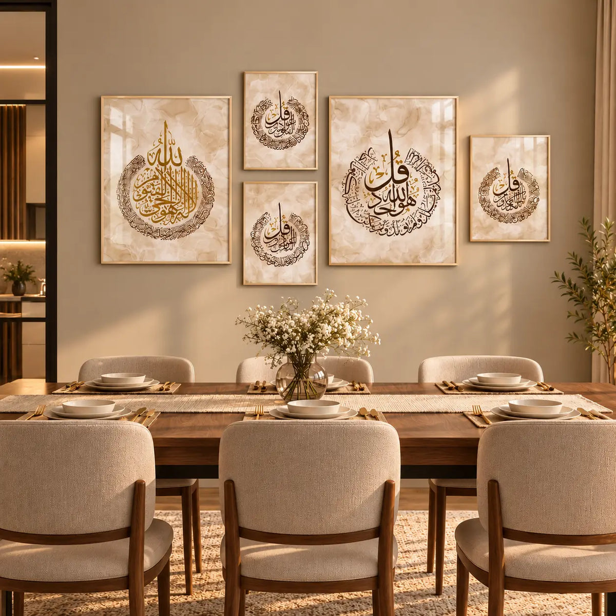 Ayatul Kursi 4 Qul Shareef Islamic wall art set of five framed Arabic calligraphy pieces