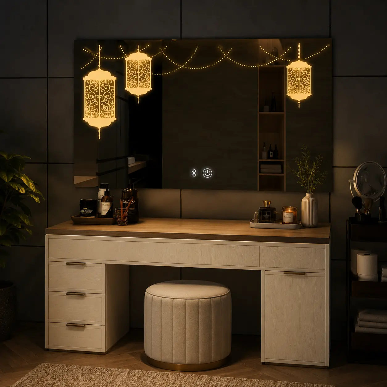 modern vanity light mirror with LED strips for bedroom setup