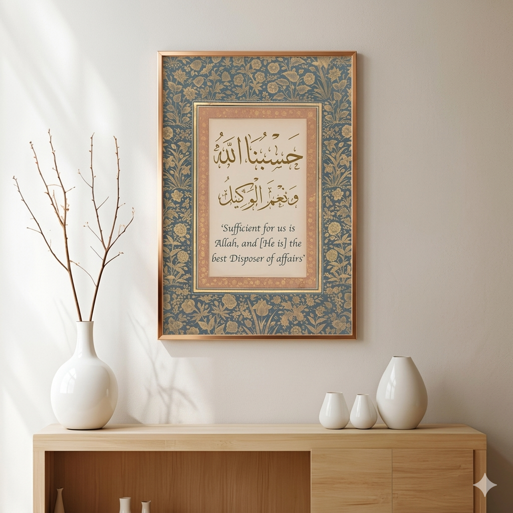 Hasbunallahu Wa Ni'mal Wakeel Arabic calligraphy frame featuring ornate Islamic border patterns in muted grey and blue by Decorsz Pakistan