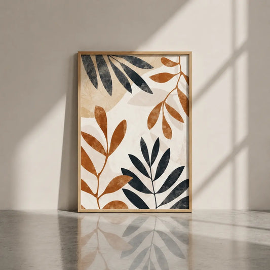 Modern leaves wall art featuring black and earthy brown leaf forms on a soft neutral background, presented in a wooden frame for elegant bedroom, living room and hallway decor.