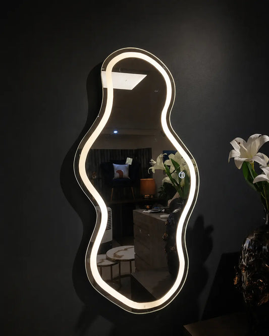 Irregular LED mirror with light for modern bedroom interior