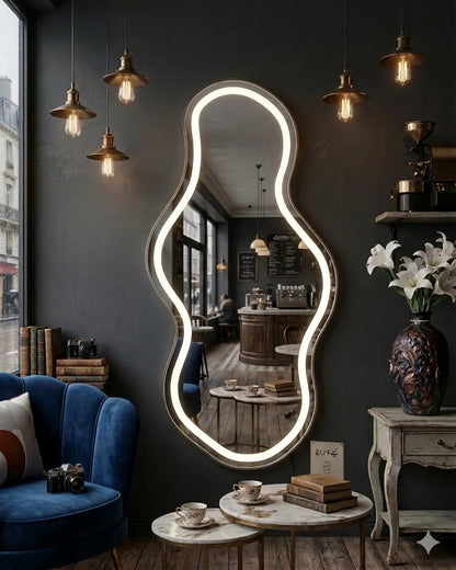 Decorative mirror with a unique frame in a stylish room with a blue sofa and hanging lights.