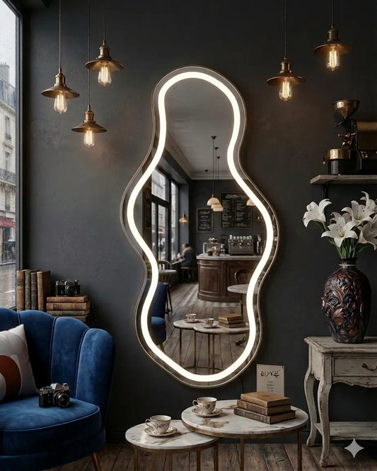 Decorative mirror with a unique frame in a stylish room with a blue sofa and hanging lights.