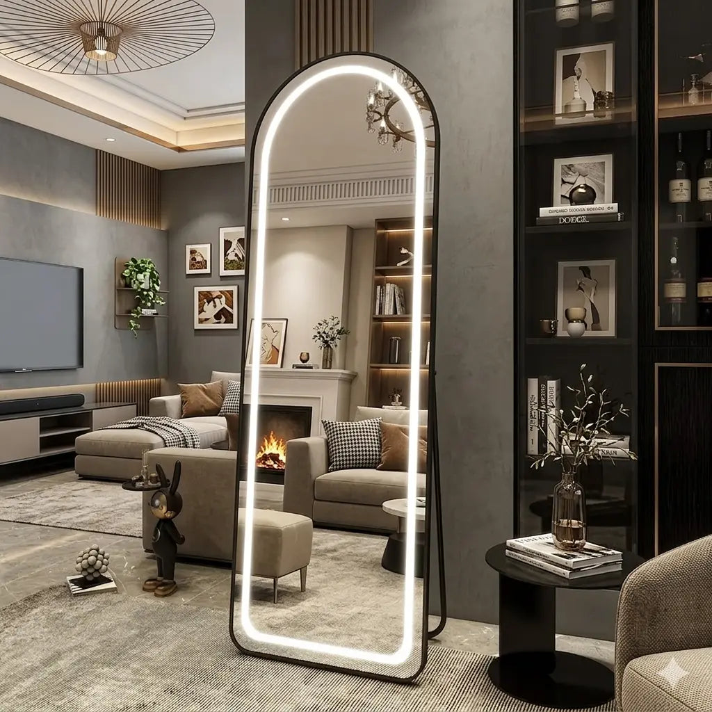 Modern living room with a large floor mirror and decorative items.