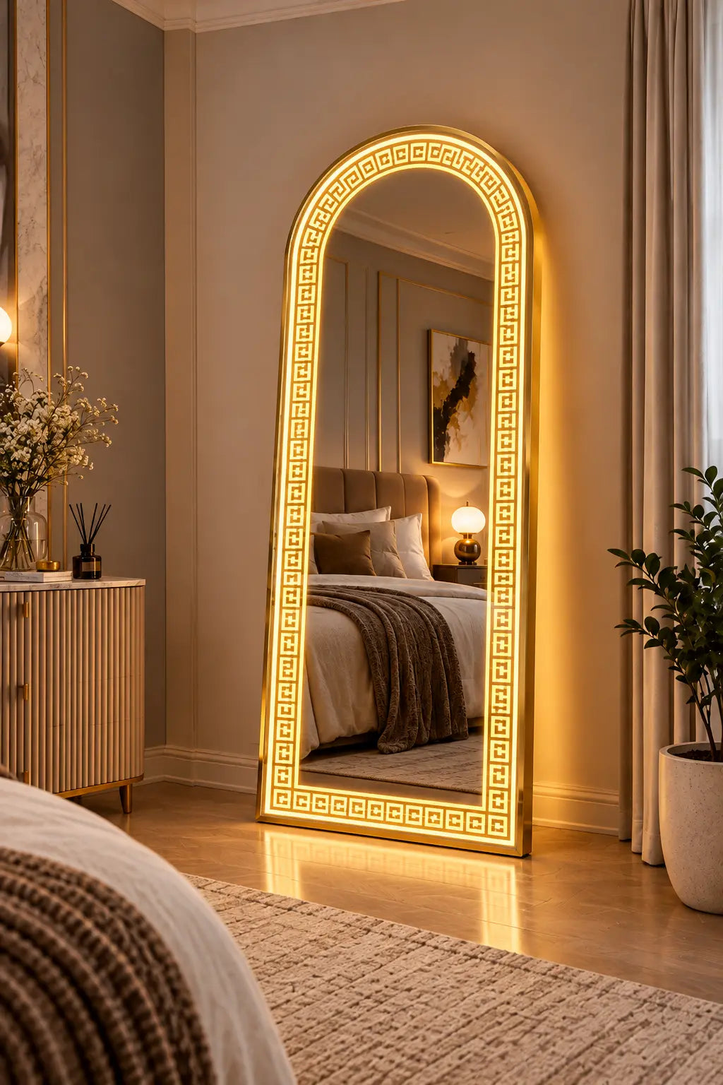 Gold Pattern Arch LED Mirror