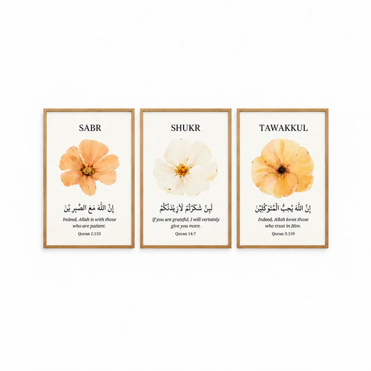 Sabr Shukr Tawakkul set of 3 botanical Islamic wall art frames with gold calligraphy.