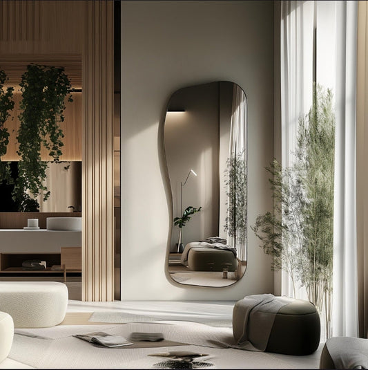 Mirror on wall with sleek frame for modern bedroom and living room décor