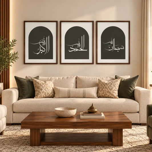 Three-piece Islamic wall art featuring SubhanAllah Alhamdulillah and Allahu Akbar Arabic calligraphy Styles in living room aove sofa.