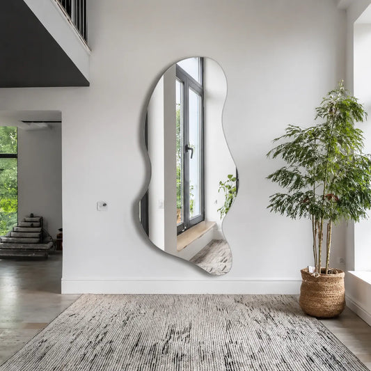 Modern wall mirror with a unique shape in a room Modern irregular wall mirror for luxury living room interior