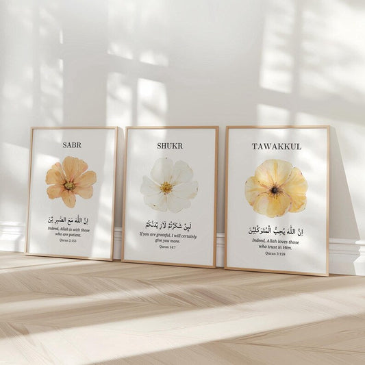 Sabr Shukr Tawakkul set of 3 botanical Islamic wall art frames with gold calligraphy.