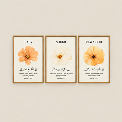 Sabr Shukr Tawakkul set of 3 botanical Islamic wall art frames with gold calligraphy.
