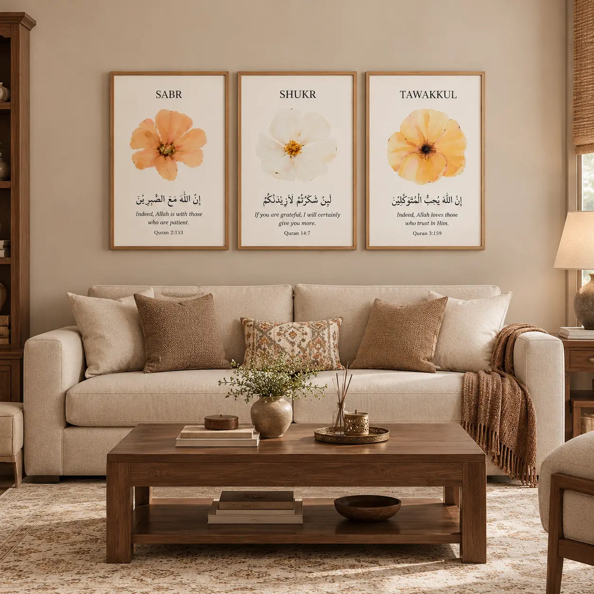 Sabr Shukr Tawakkul set of 3 botanical Islamic wall art frames with gold calligraphy.