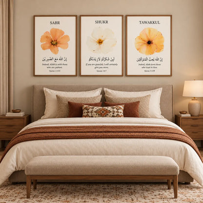 Sabr Shukr Tawakkul set of 3 botanical Islamic wall art frames with gold calligraphy.
