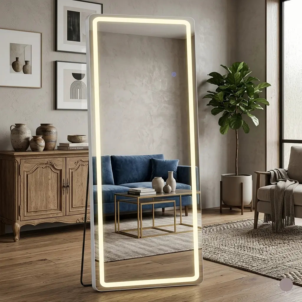 Large illuminated floor mirror in a living room setting with furniture and decor.