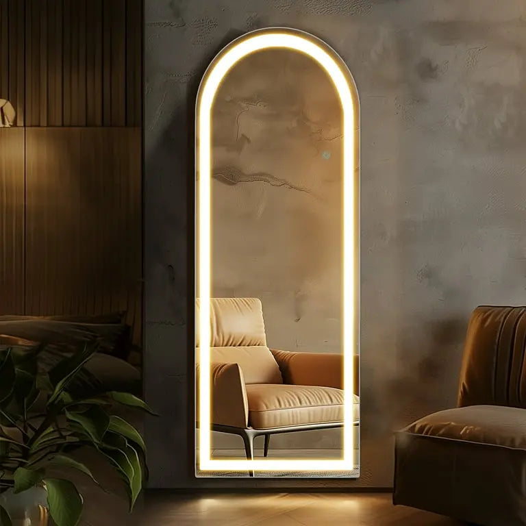 Full-length mirror with LED lighting in a modern interior setting.