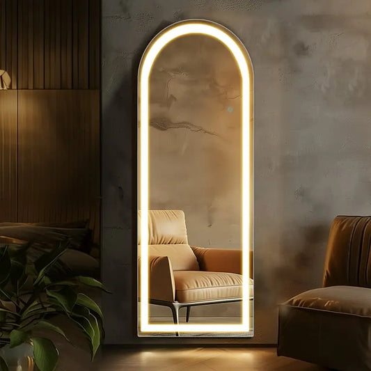 Full-length mirror with LED lighting in a modern interior setting.