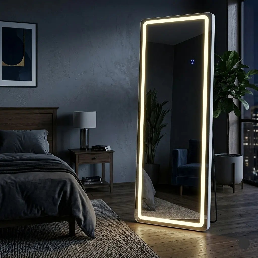 Large illuminated floor mirror in a dark bedroom setting