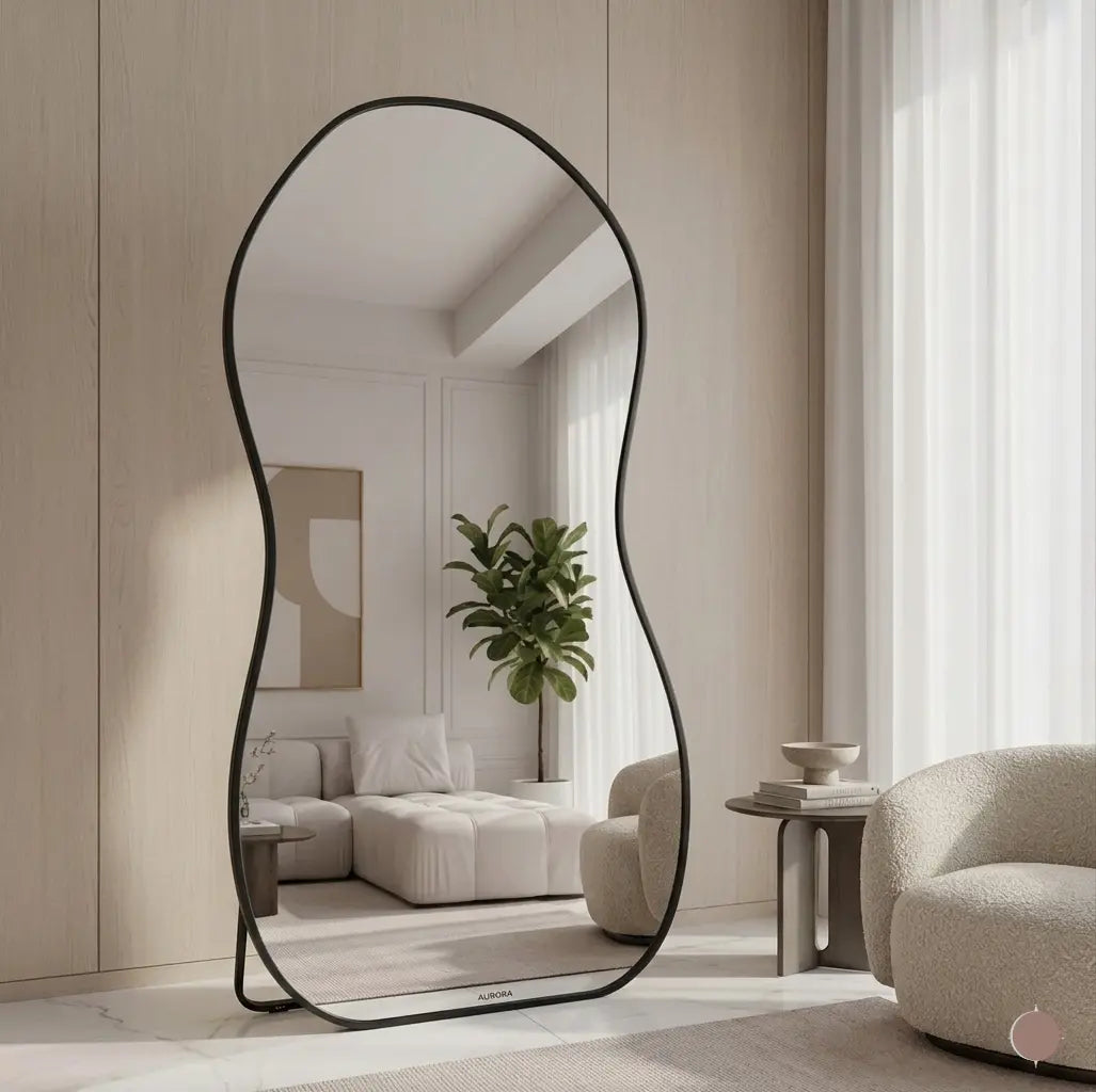 Modern floor mirror with black frame in a stylish living room.