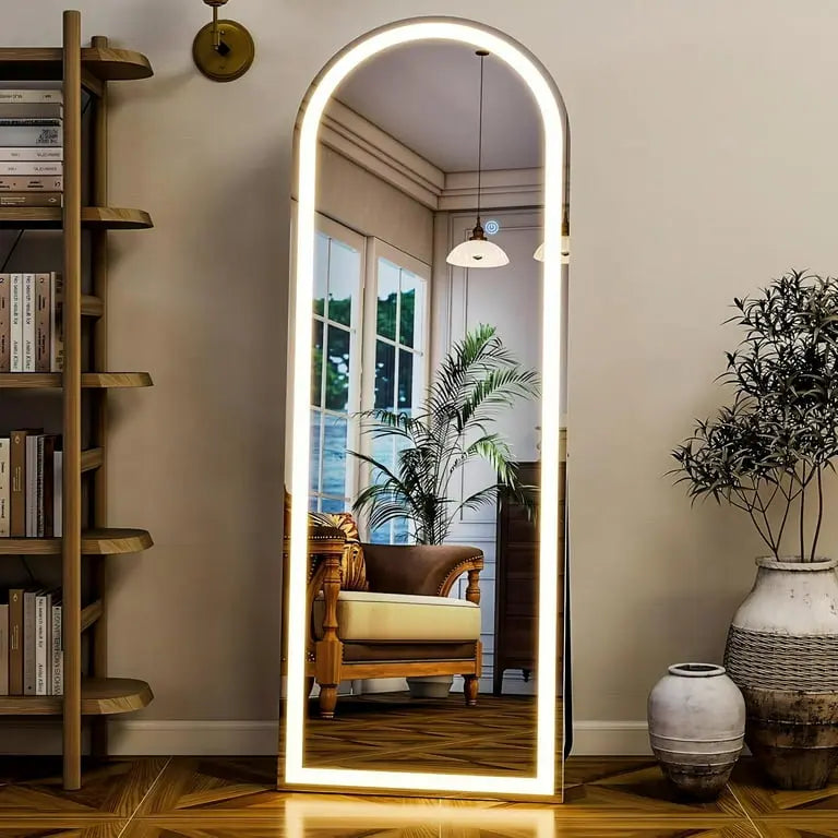 Standing mirror with sleek frame for modern bedroom and living room décor.