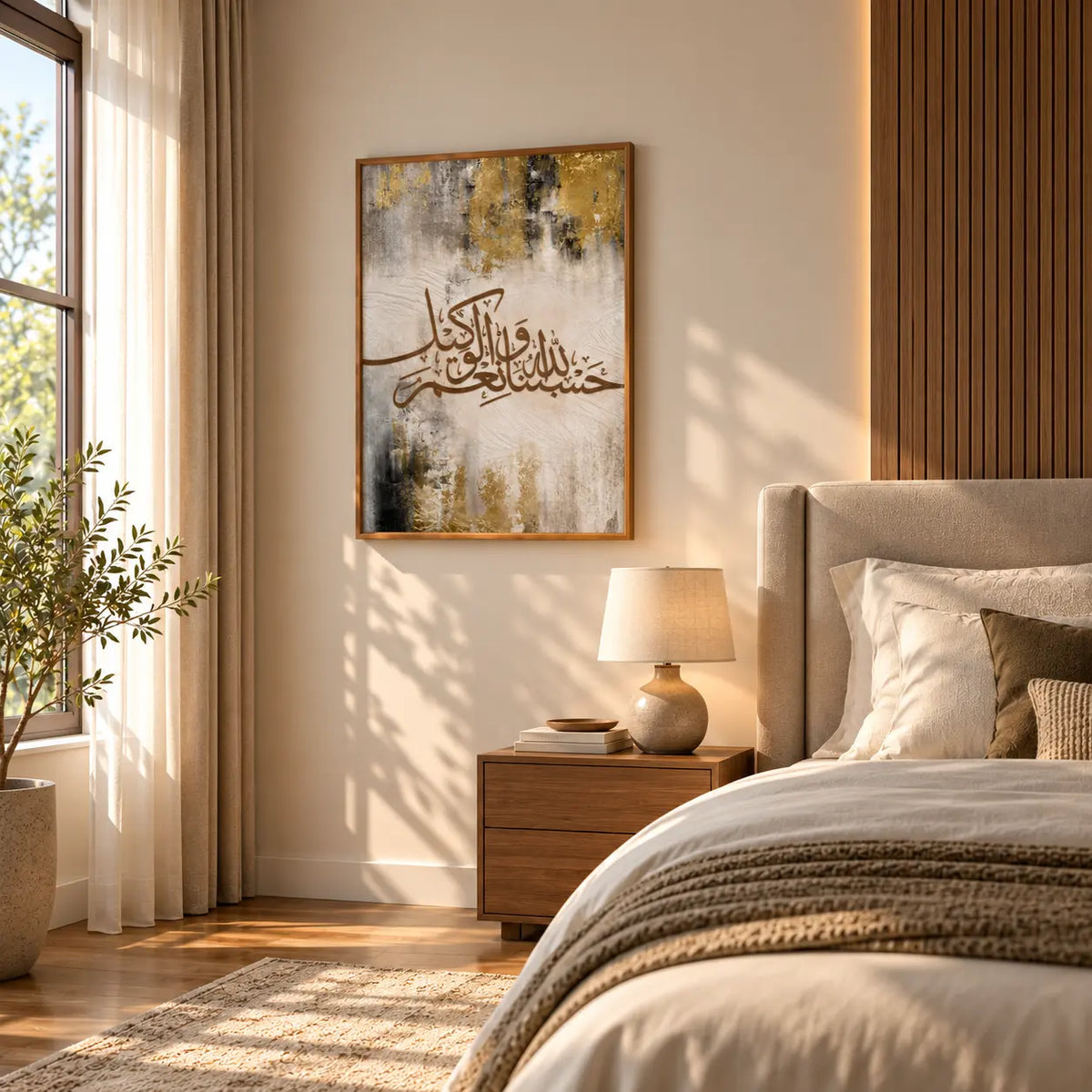 A premium Islamic wall art frame featuring Hasbunallahu Wa Ni'mal Wakeel Arabic calligraphy on a warm neutral artistic background, styled with natural wood and modern home decor.
