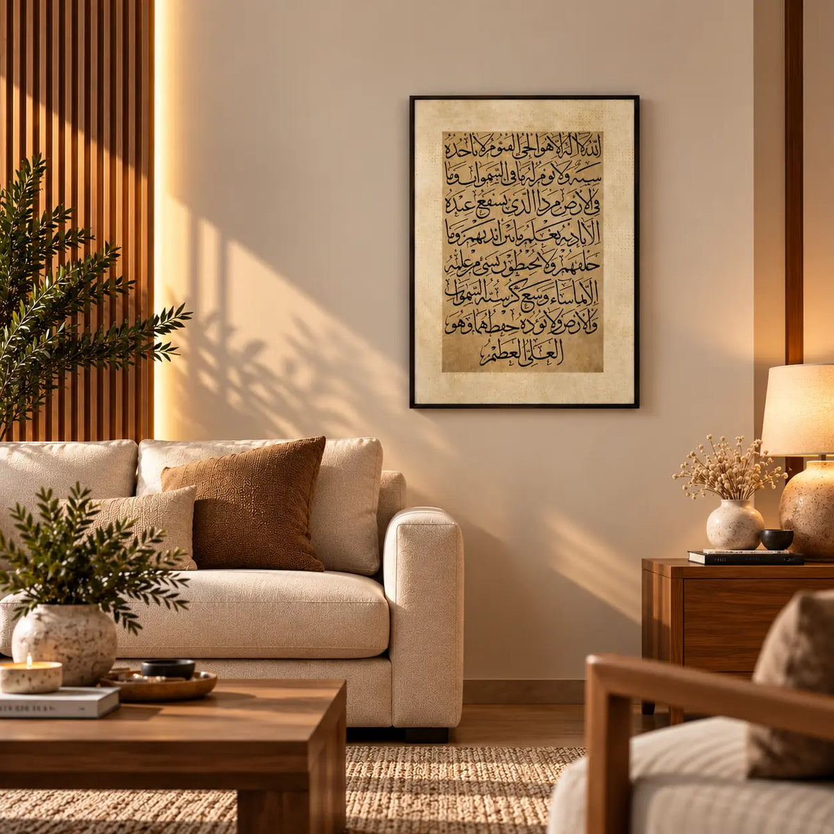 Ayatul Kursi calligraphy wall art with complete Arabic script in a warm neutral frame