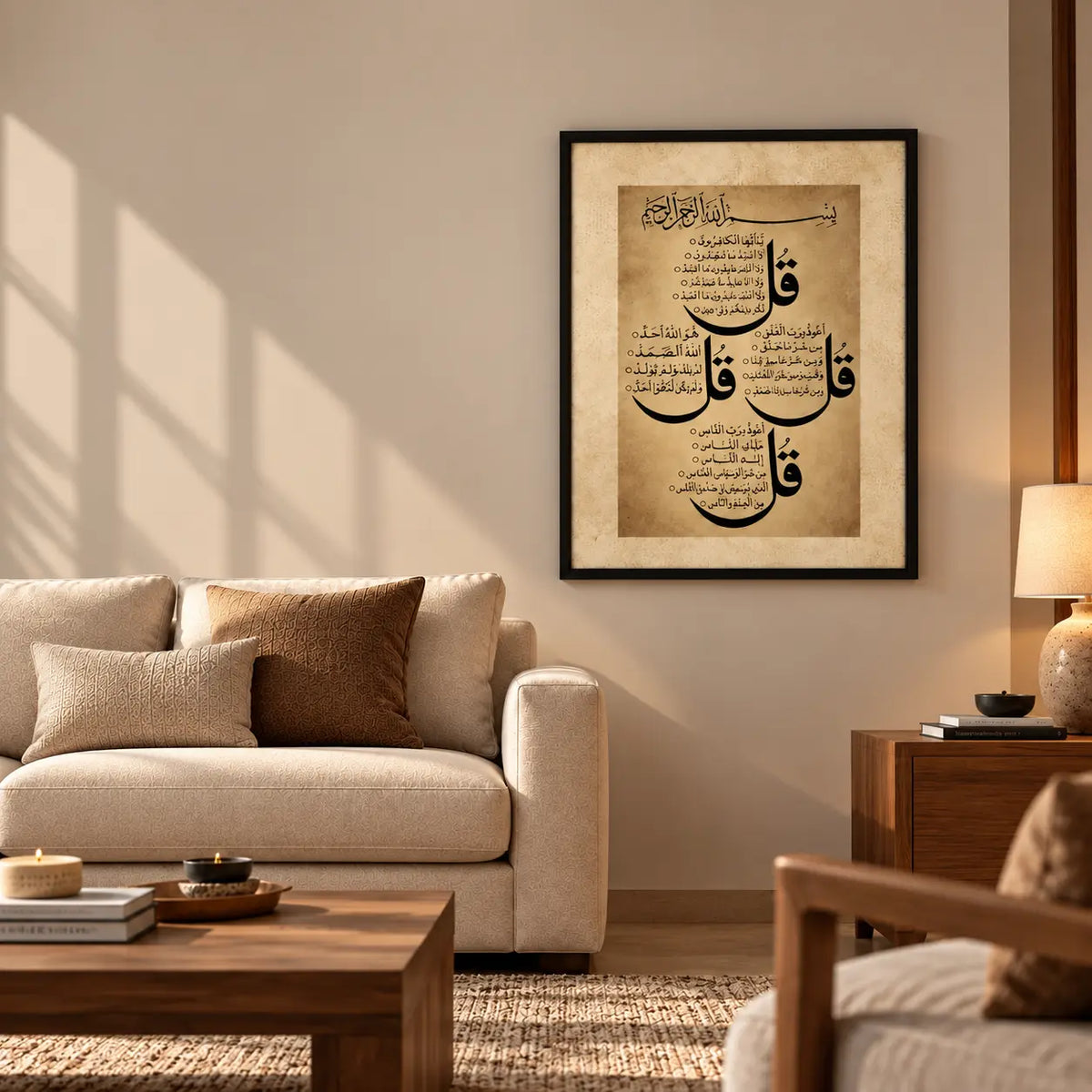 4 Qul wall art with Arabic calligraphy in a warm beige Islamic frame