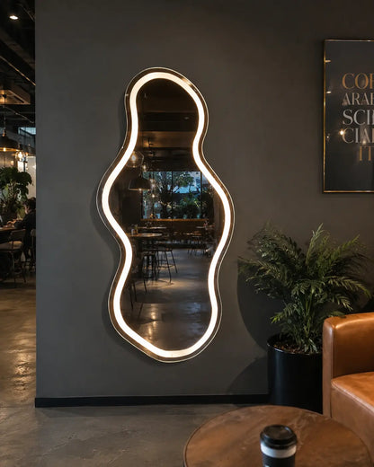 Wall mounted LED mirror with touch sensor and warm lighting