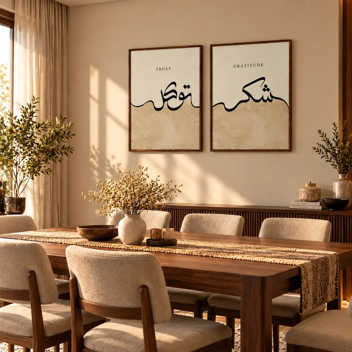 Two-piece Islamic wall art set featuring Shukr and Tawakkul Arabic calligraphy in a warm neutral design styled in dinning room