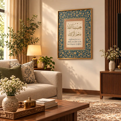 Hasbunallahu Wa Ni'mal Wakeel Arabic calligraphy frame featuring ornate Islamic border patterns in muted grey and blue by Decorsz Pakistan