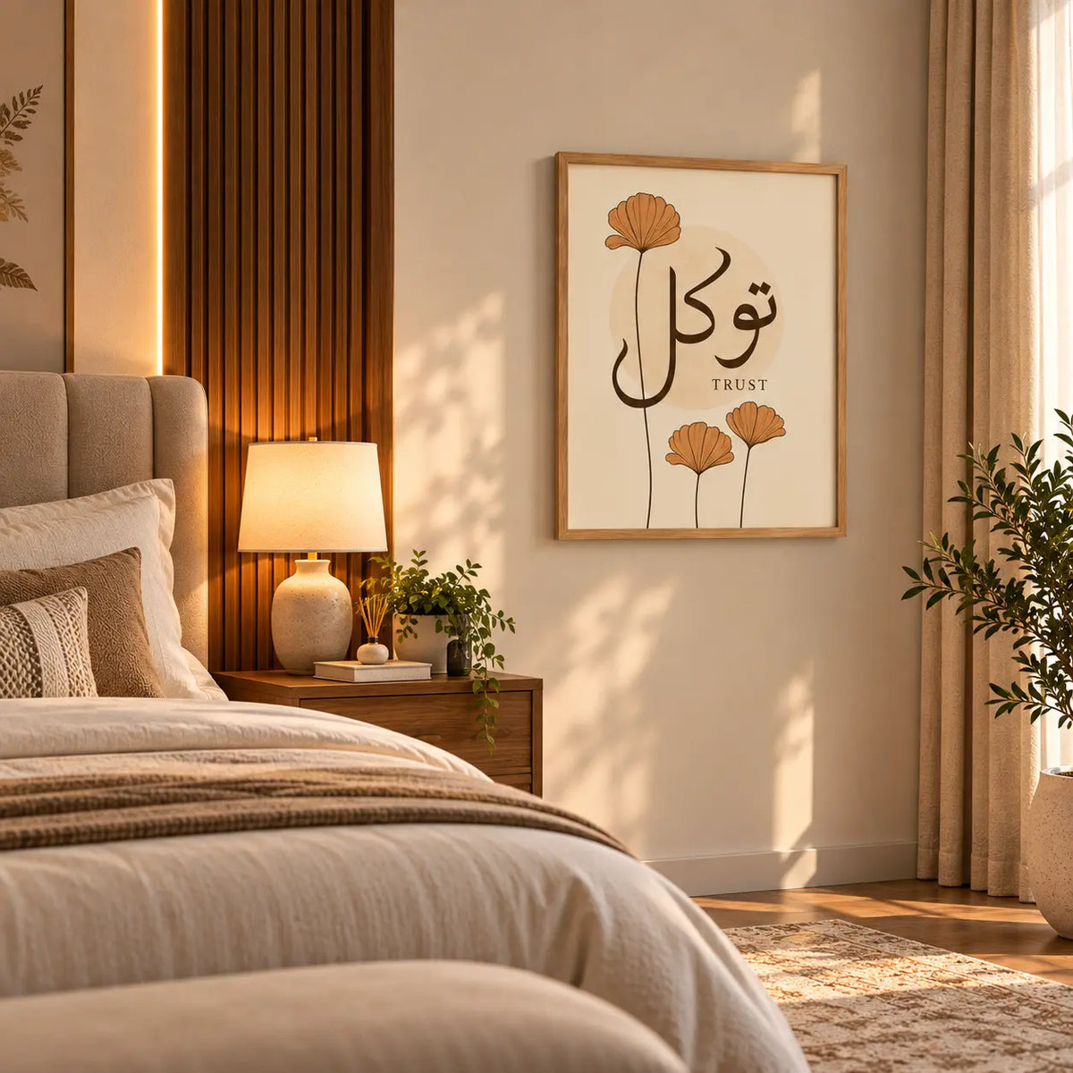 Tawakkul calligraphy Islamic wall art frame featuring Arabic script, English word Trust, and terracotta botanical flowers in a wooden frame by Decorsz Pakistan.