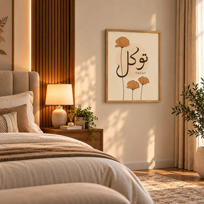 Tawakkul calligraphy Islamic wall art frame featuring Arabic script, English word Trust, and terracotta botanical flowers in a wooden frame by Decorsz Pakistan.