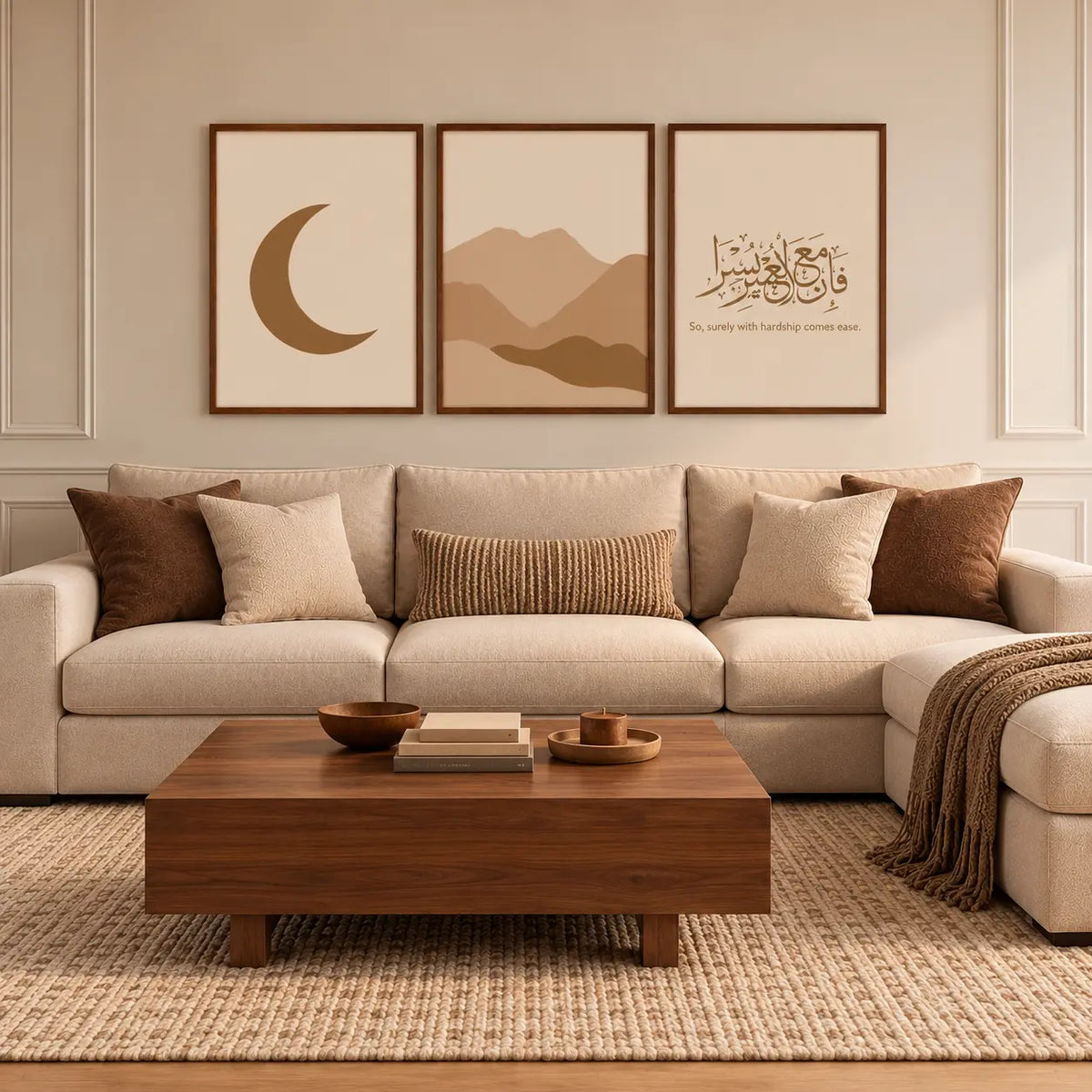 Fa Inna Ma'al Usri Yusra Islamic wall art set of 3 featuring Arabic calligraphy, crescent moon, and desert mountain art in wooden frames by Decorsz Pakistan.