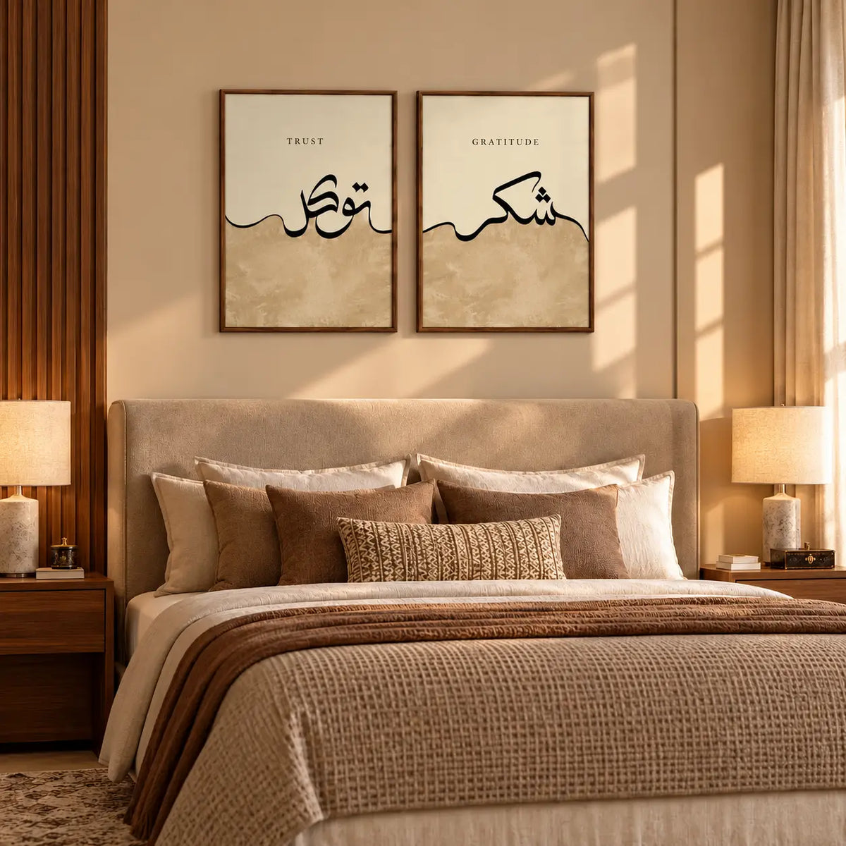 Two-piece Islamic wall art set featuring Shukr and Tawakkul Arabic calligraphy in a warm neutral design styled in dinning room